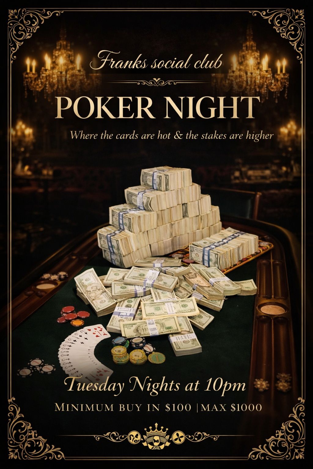 Poker table game in progress at Frank's Social Club