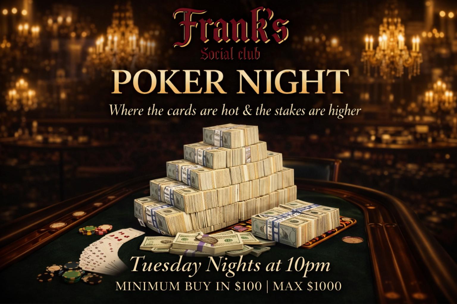 Horizontal view of poker night at Frank's Social Club
